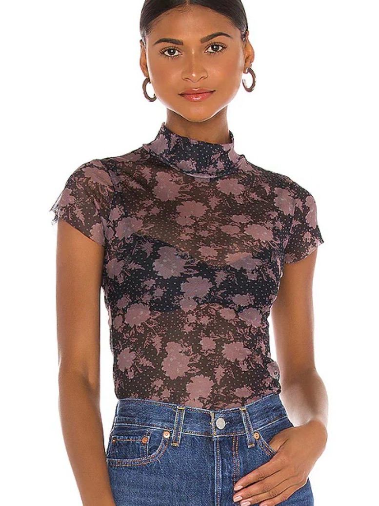 Intimately Free People Black Pink Floral Sheer Mock Neck Top Size M
